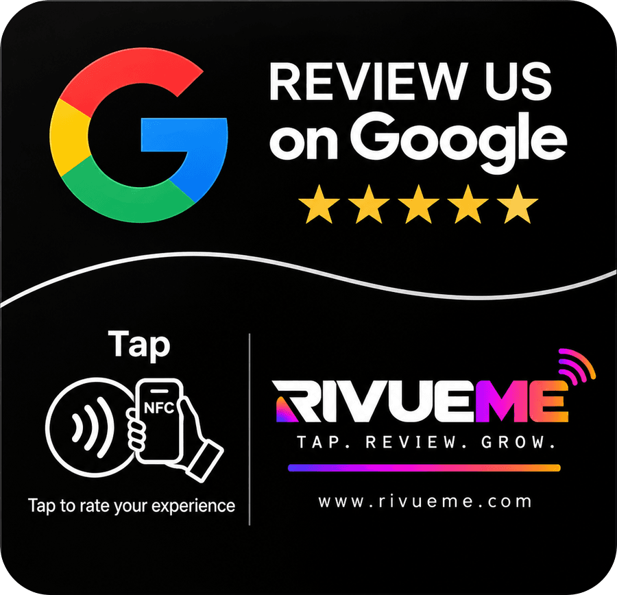 RivueMe black NFC review plate reading Review us on Google