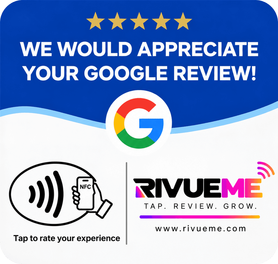 RivueMe blue NFC review plate reading We would appreciate your Google review