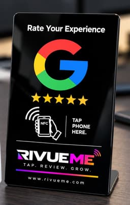 RivueMe black NFC table stand reading Rate Your Experience