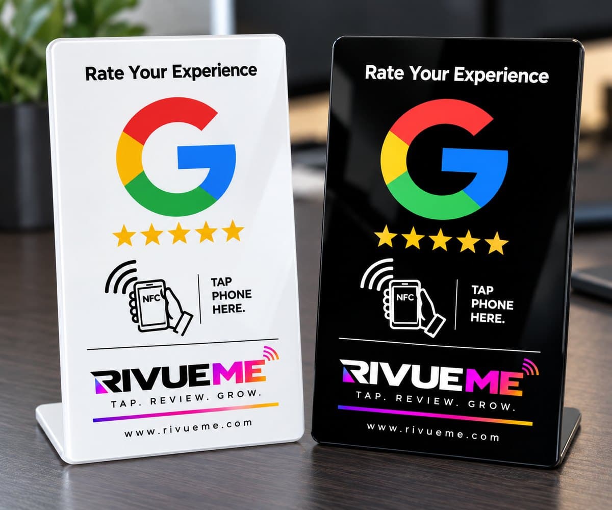 RivueMe NFC table stands in white and black on a desk
