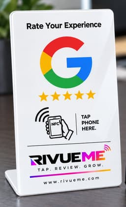 RivueMe white NFC table stand reading Rate Your Experience
